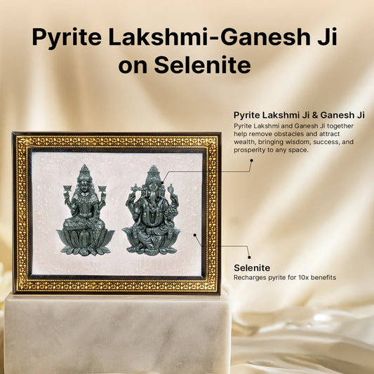Pyrite Lakshmi Ganesh Ji on Selenite Frame (Attract Wealth & Bring Good Luck)